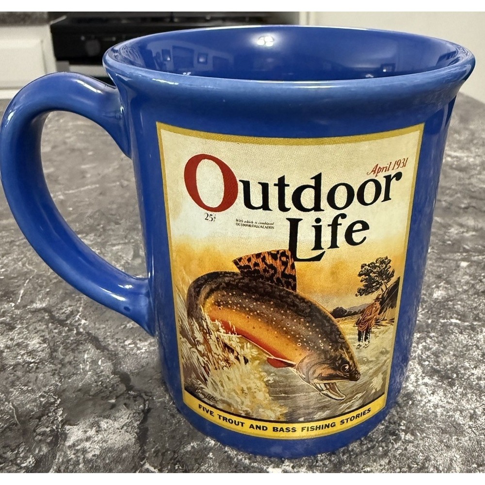 Vtg Outdoor Life Trout Fishing Cover 1931 The Hadley Collection Mug 20 Oz Blue